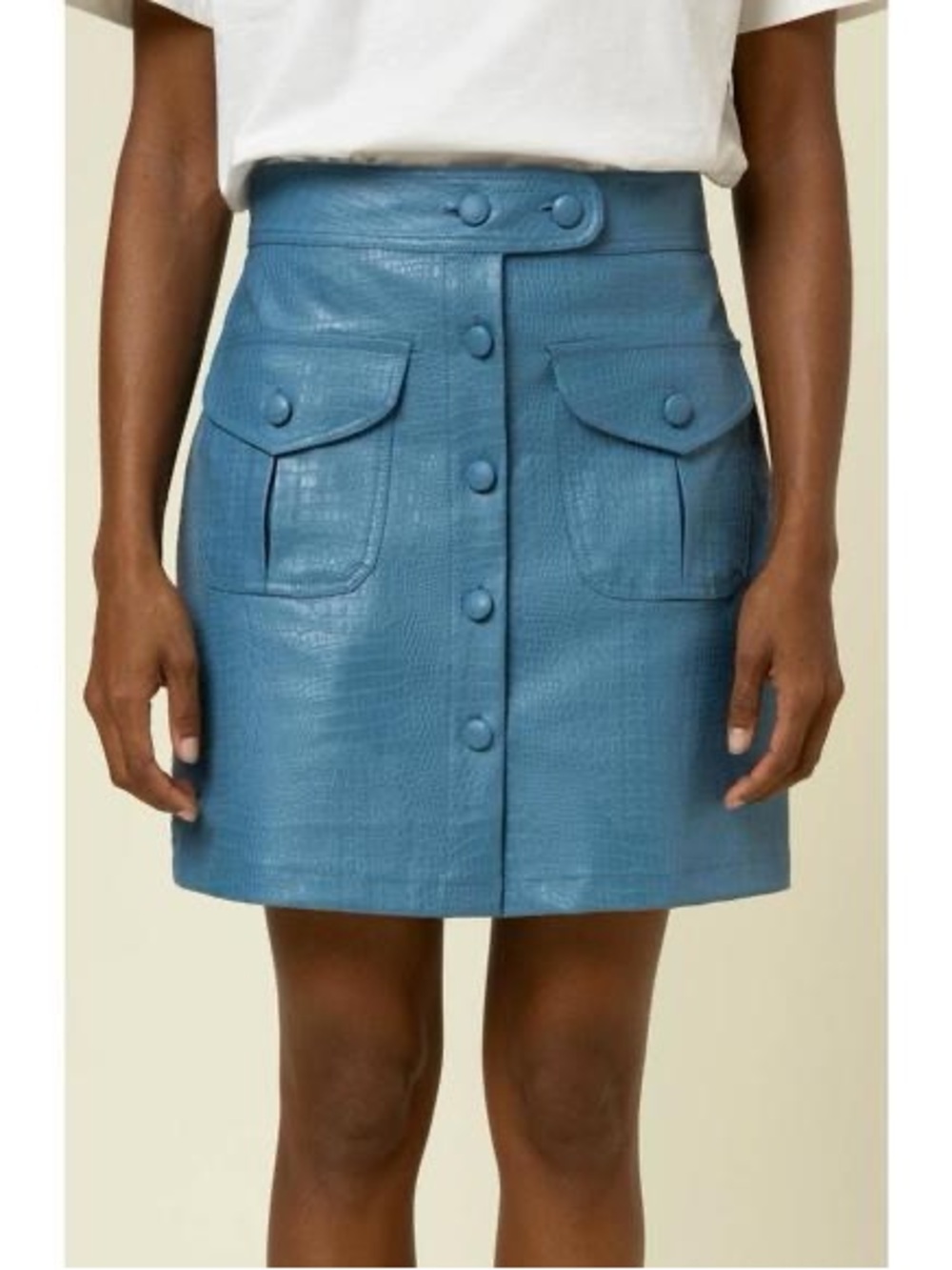 FRNCH Daryl Mini Skirt Bleu Azur Blue Crocodile Embossed Faux Leather Size XS